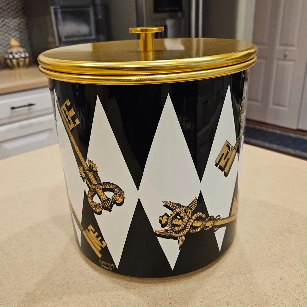 RARE COLLECTIBLE LIMITED FORNASETTI CHIAVI GOLD ROMBI BAR ICE BUCKET CONTAINER